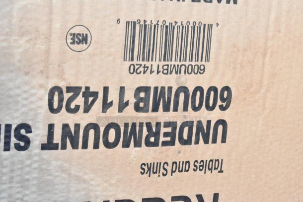 Cardboard box for Regency 600UMB11420 stainless steel undermount sink, showing barcode and NSF marking.