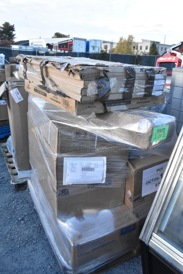 Boxes of new scratch and dent items on pallets, including tabletops, wall shelves, and trash cans. Labels show item details.