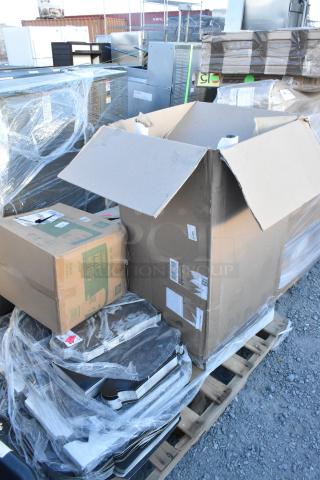 Five scratch and dent items on a pallet include hot cups and barstool, in shipping boxes with visible labels; new condition.