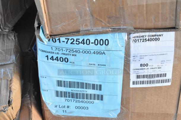 Cardboard boxes labeled "Hershey Company" contain "Icebreaker Lid - Fruity Mix" with 800 and 14,400 pieces per box.