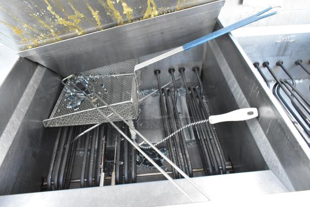 Giles EOF-24 stainless steel 3-bay deep fat fryer with dumping station, electric-powered, on commercial casters, 480V, 3-phase.