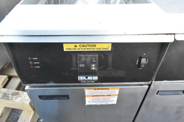 Giles EOF-24 stainless steel commercial fryer, 3 bays, electric, 480 volts, 3 phase, with dumping station, commercial casters.