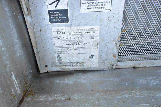 Giles EOF-24 commercial electric fryer label showing model, voltage (480V), phase (3), and ETL certification.
