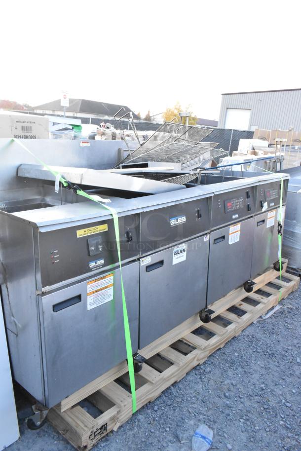 Giles EOF-24 stainless steel 3-bay deep fat fryer with dumping station, on commercial casters, 480V, 3 phase.