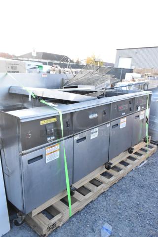 Giles EOF-24 Stainless Steel Commercial Electric Powered 3 Bay Deep Fat Fryer w/ Dumping Station on Commercial Casters. 480 Volts, 3 Phase. - Item #1218270