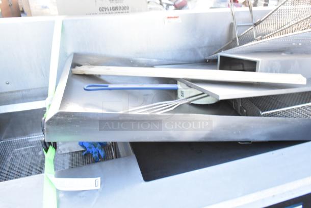 Giles EOF-24 stainless steel commercial electric 3 bay deep fat fryer with dumping station, on casters. 480V, 3 phase.