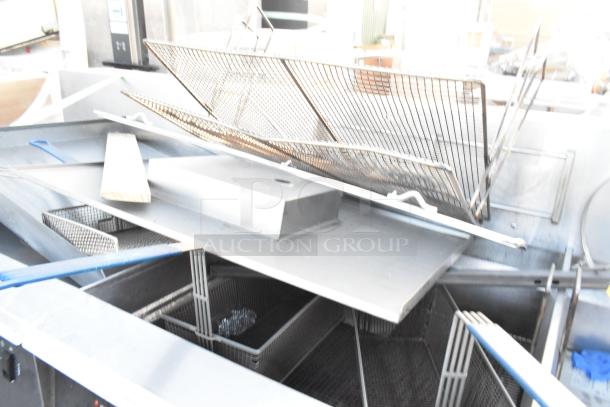 Giles EOF-24 stainless steel 3-bay deep fryer with dumping station on casters, electric-powered, 480V, 3-phase.