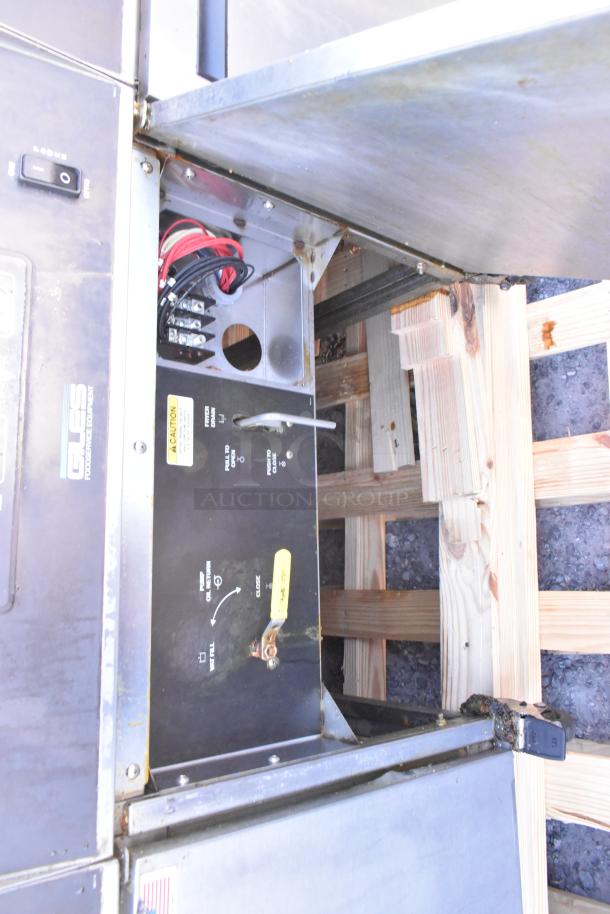 Giles EOF-24 stainless steel 3-bay deep fat fryer, electric, 480V, 3-phase, condition visible, with control panel.