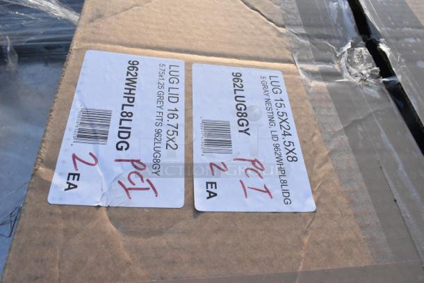 Box containing 962LUG8GY Winholt gray lug and WHPL-8LID-GY lid, 25"x16"x8", marked as "PET 2 EA." 