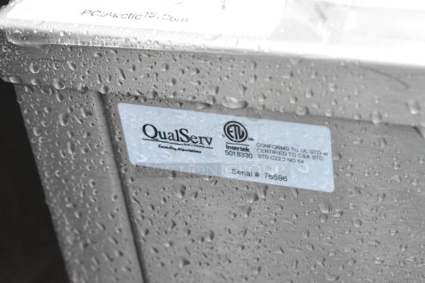 QualServ stainless steel portable sink with commercial casters, label showing Intertek certification and serial number 76596.