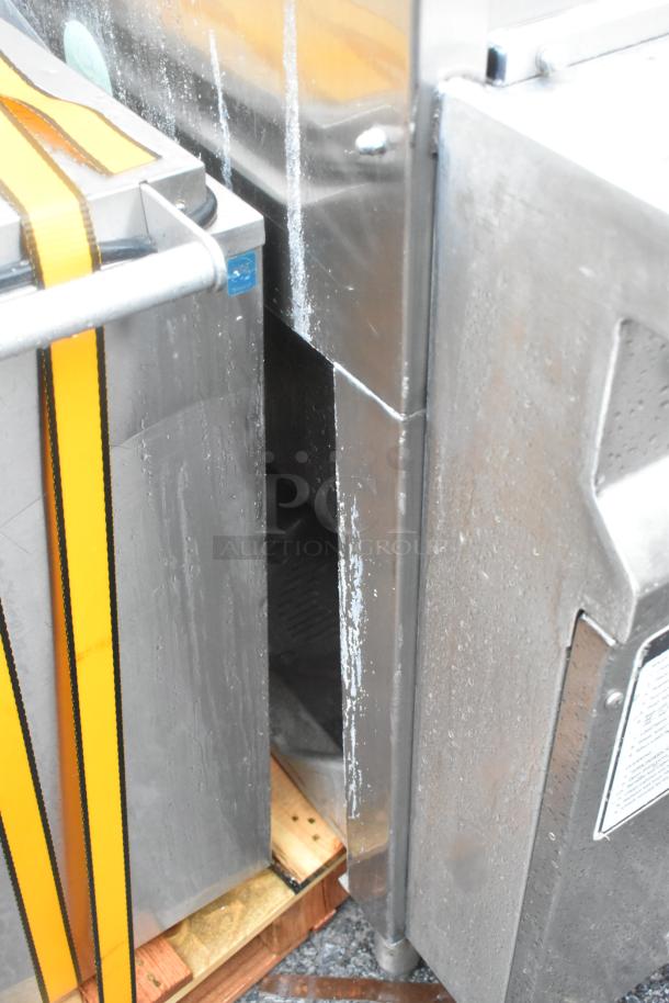 LVO Stainless Steel Front Load Pot and Pan Washer, commercial grade, durable, visible straps, minor surface marks.