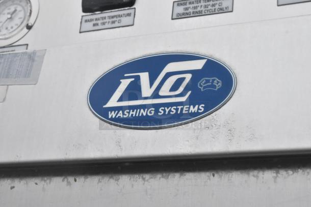 LVO Stainless Steel Commercial Front Load Pot and Pan Washer with logo and temperature gauge, in good condition.