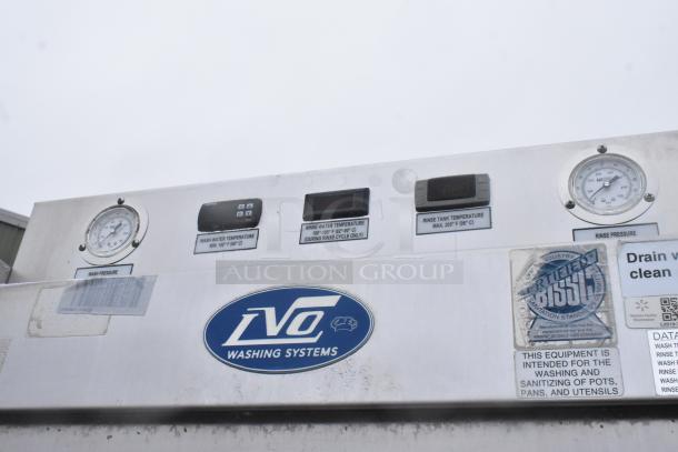 LVO Stainless Steel Commercial Front Load Pot and Pan Washer with temperature gauges and BISSC certification label.