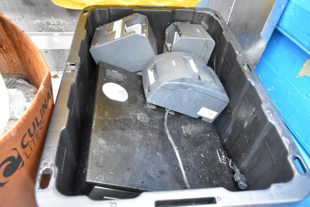 Lot of Elson receipt printers in a black bin, showing wear and tear, accompanied by miscellaneous items.