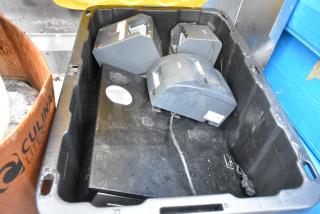 Lot of Elson receipt printers in a black bin, showing wear and tear, accompanied by miscellaneous items.