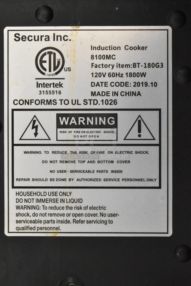 2019 Secura 8100MC Countertop Induction Range, 120V, 1800W. Features warning labels: risk of electric shock, user instructions.