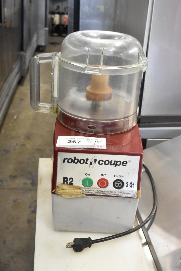 Robot Coupe R2NCLR countertop food processor with 3 qt. bowl and S blade, 120V, 1 phase; visible wear and auction label.