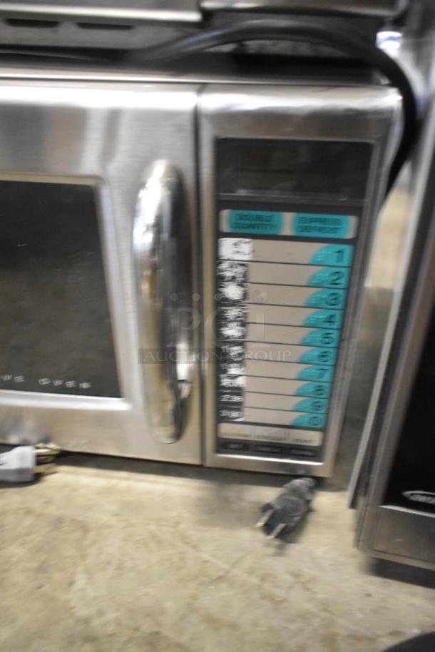 Sharp R-21LVF stainless steel commercial microwave, 2023 model, 120 volts, 1 phase, visible numeric keypad.