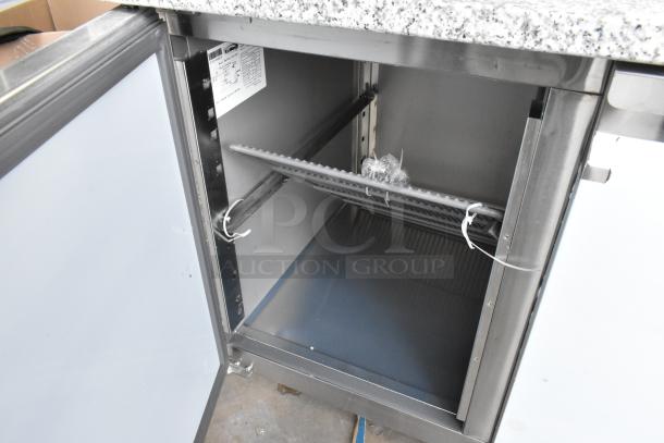 KoolMore KM-RPPS-2D59-GRT 2 Door Work Top Cooler with granite countertop, visible granite crack, 115V, 1 phase, new condition.