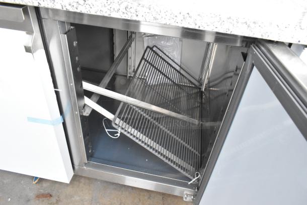 KoolMore Stainless Steel 2 Door Work Top Cooler with granite countertop, visible crack; model KM-RPPS-2D59-GRT.