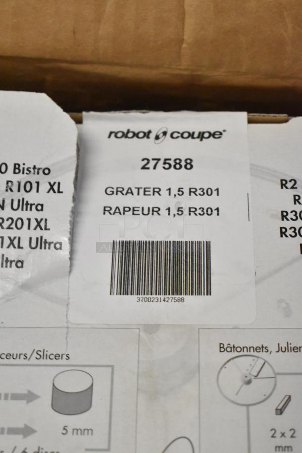 Robot Coupe 27588 Grater Blade box label details; includes barcode and model specifications.