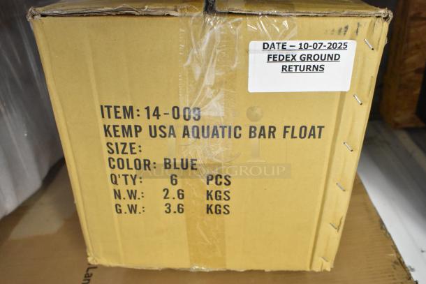Cardboard box labeled "Kemp USA Aquatic Bar Float," color blue, quantity 6, weight listed. Markings include "FedEx Ground Returns, Date - 10-07-2025."