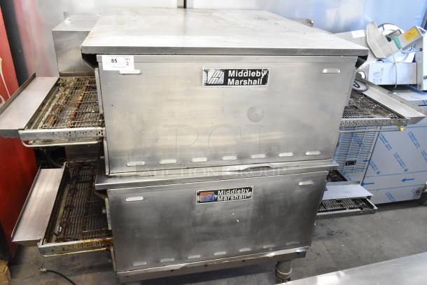 Two 2021 Middleby Marshall PS638G stainless steel conveyor pizza ovens on casters, natural gas, 89,000 BTU.