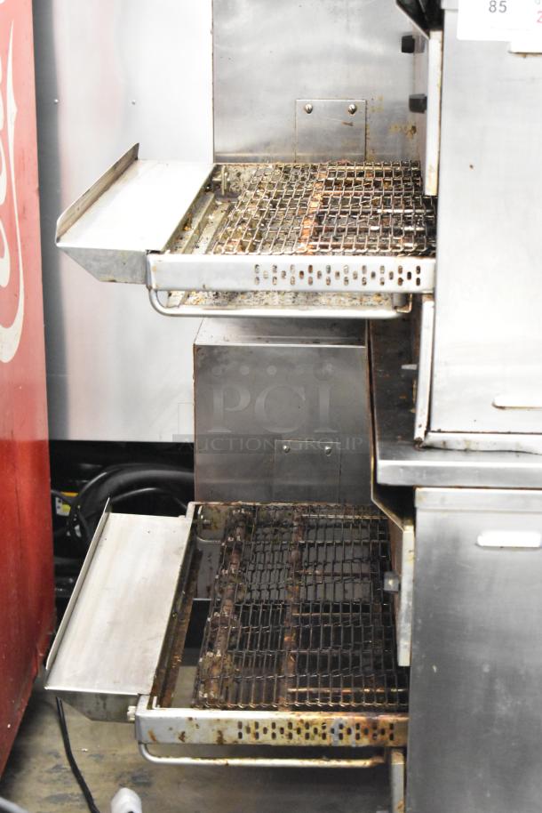 Middleby Marshall PS638G stainless steel conveyor pizza ovens, natural gas, on casters, 89,000 BTU, used condition.