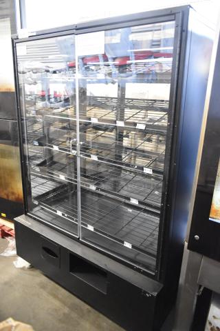 Dry Floor Style Bakery Bagel Donut Merchandiser with glass front, multiple shelves, metal frame, in good condition.
