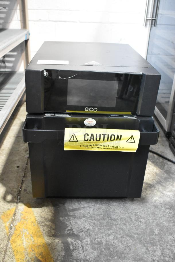 2025 Turbochef ECO Rapid Cook Oven, black, countertop, electric, 208/240V, 1-phase. Minor front scuff, caution label visible.