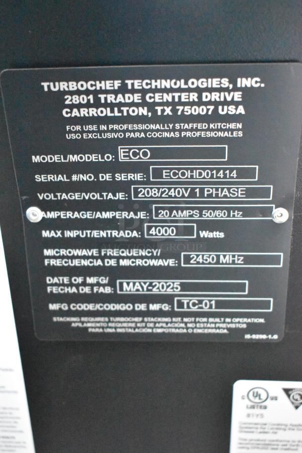 2025 Turbochef ECO Rapid Cook Oven, metal, electric, 208/240V, 1 phase, serial ECOHD01414, microwave frequency 2450 MHz.