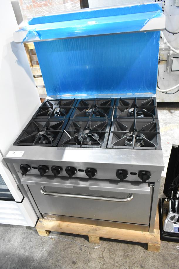 Brand new Mainstreet 541E36L stainless steel commercial 6-burner range with oven, overshelf, and backsplash. 210,000 BTU.