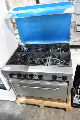 Brand new Mainstreet 541E36L stainless steel commercial 6-burner range with oven, overshelf, and backsplash. 210,000 BTU.