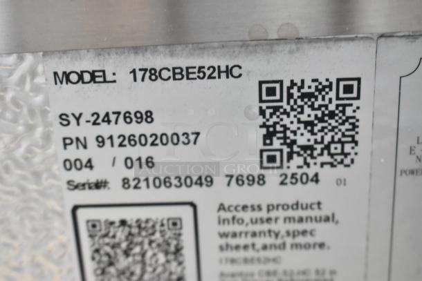 QR code label for Avantco 178CBE52HC Chef Base. Includes model, serial, part numbers, and online access info.
