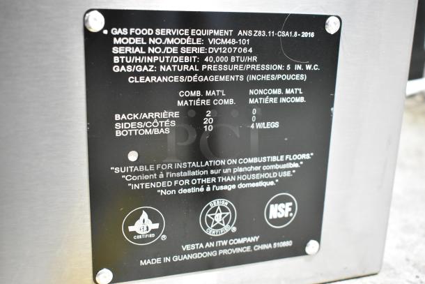 Vulcan VICM48-101 cheese melter label. Shows model, serial no., 40,000 BTU, natural gas, clearance info, certifications.