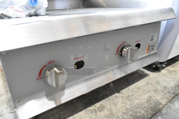 BRAND NEW 2024 CPG 351CRCPG24NL Charbroiler Grill, stainless steel, natural gas, 80,000 BTU, adjustable controls visible.