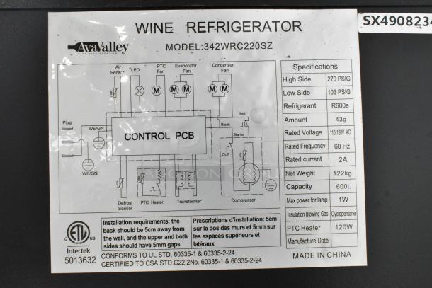 AvaValley wine cooler label detailing model 342WRC220SZ specifications, including voltage, capacity, and refrigerant type.