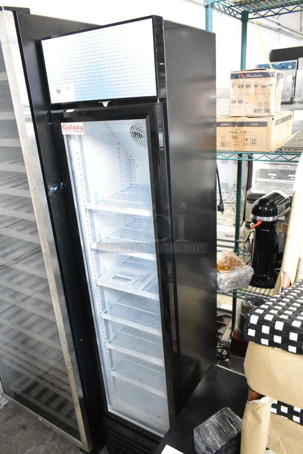 Brand new Galaxy 177GDN5RBB single door cooler. Red, white, and blue LED. Door issue noted. 110-120 volts, 1 phase.