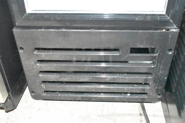 Brand new Galaxy 177GDN5RBB single door cooler with red, white, blue LED lighting. Door issue noted. 110-120V, 1 phase.