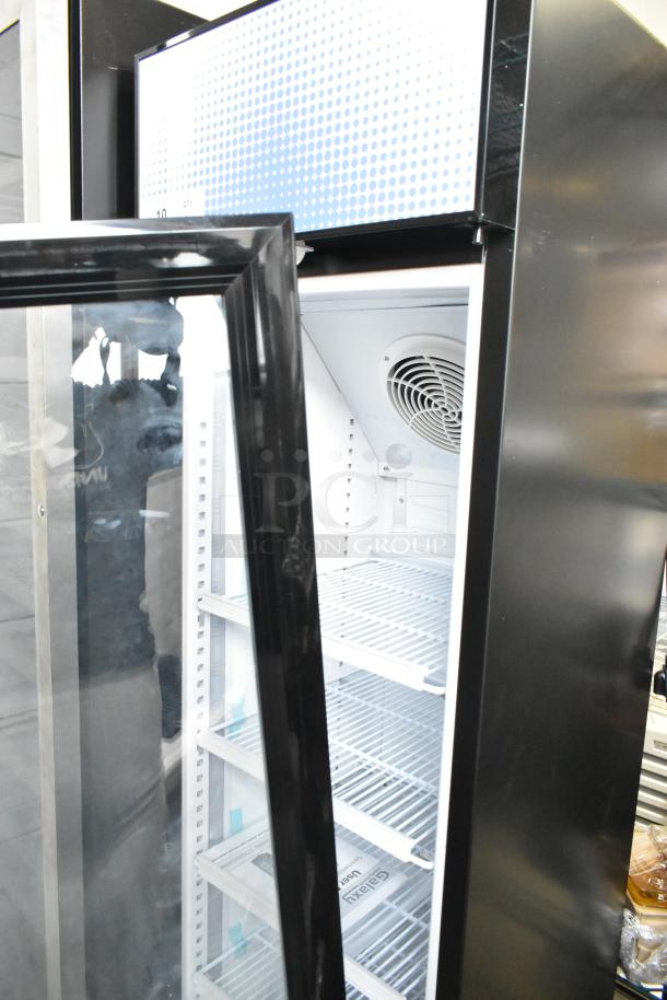 BRAND NEW Galaxy 177GDN5RBB single-door merchandiser cooler, metal finish, red/white/blue LED, door issues, 110-120V.