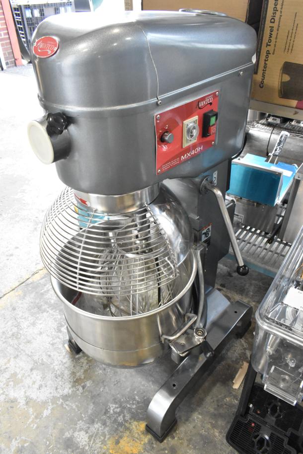Brand new Avantco MX40H 40 Qt commercial dough mixer, stainless steel bowl, bowl guard, attachments included, 230V, 1 phase.