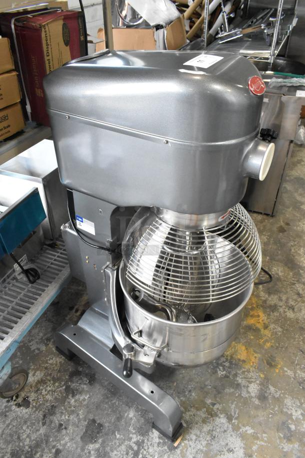 Brand new Avantco MX40H 40-quart planetary dough mixer with stainless bowl, guard, and attachments, 230V, 1 phase.