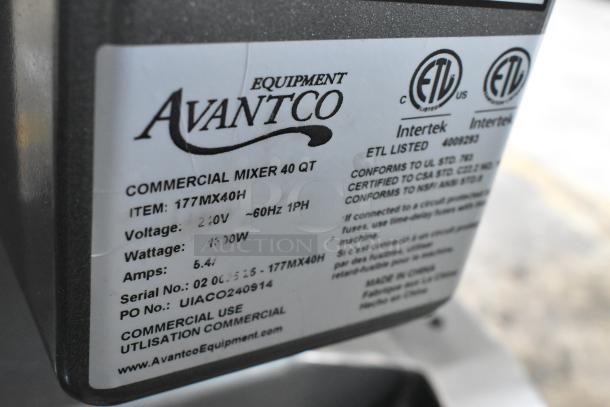 Avantco MX40H commercial mixer label showing specifications: 240V, 1300W, 5.4 Amps, 40 qt capacity.