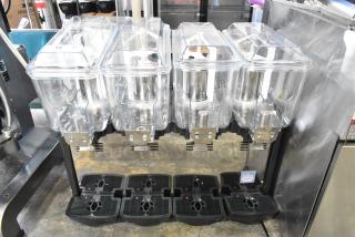 BRAND NEW Carnival King Coldream 4M beverage dispenser, stainless steel, 4x3-gallon bowls, 115V, 1 Phase, minor scratches.