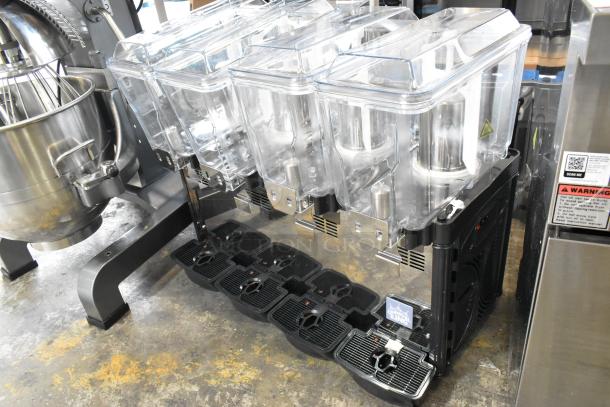 BRAND NEW Carnival King Coldream 4M Quadruple 3-Gallon Beverage Dispenser, 115V, stainless steel, minor scratches, tags visible.