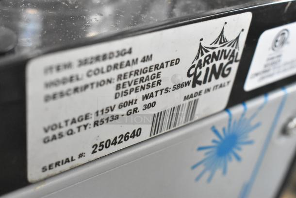 Brand new Carnival King Coldream 4M refrigerated beverage dispenser label, 115V, 1 Phase, 3-gallon capacity, stainless steel.