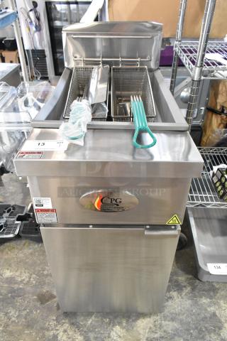 Brand new 2024 CPG 351FFOP40N stainless steel commercial fryer, 40 lb. capacity, natural gas, 90,000 BTU, with 2 baskets.
