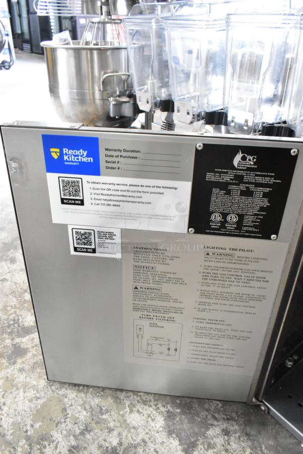Brand new Cooking Performance Group 351FFOP40N stainless steel 40 lb. fryer with instructions panel and warranty details.