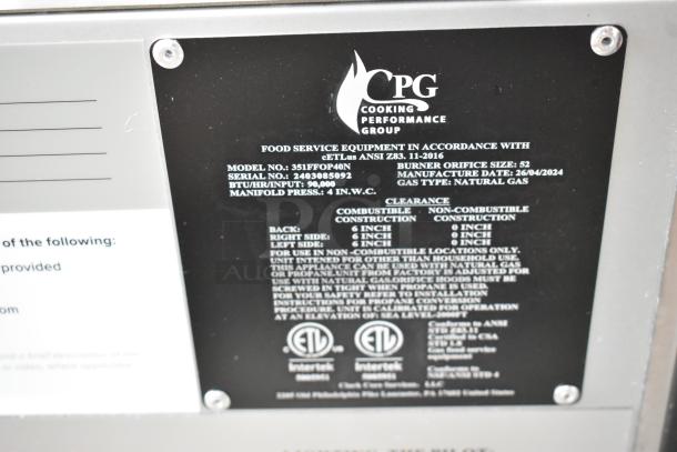 BRAND NEW 2024 Cooking Performance Group CPG 351FFOP40N stainless steel commercial natural gas fryer, 40 lb. open pot with 2 baskets, 90,000 BTU. Model and safety details on label.