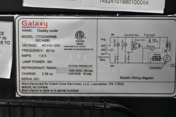 Tag label showing Galaxy model 177GDN5RBB, AC110-120V, 60Hz, 1.8A, 8W lamp power. Made for Clark Core Services.